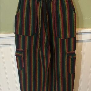 Vibrant Red Yellow and Green Straight Leg Rasta Pants with Vertical Stripes